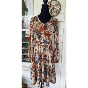 Vintage 70's Sears MOD Big Floral Belted Dress Beige Blue Size 10